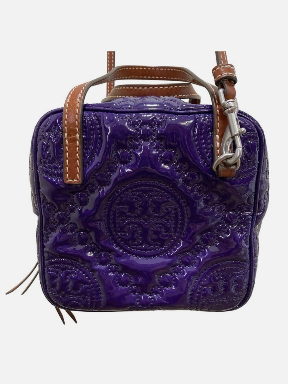 Tory Burch Purple Patent Leather Embossed Crossbody with Tan Strap - Picture 2 of 9